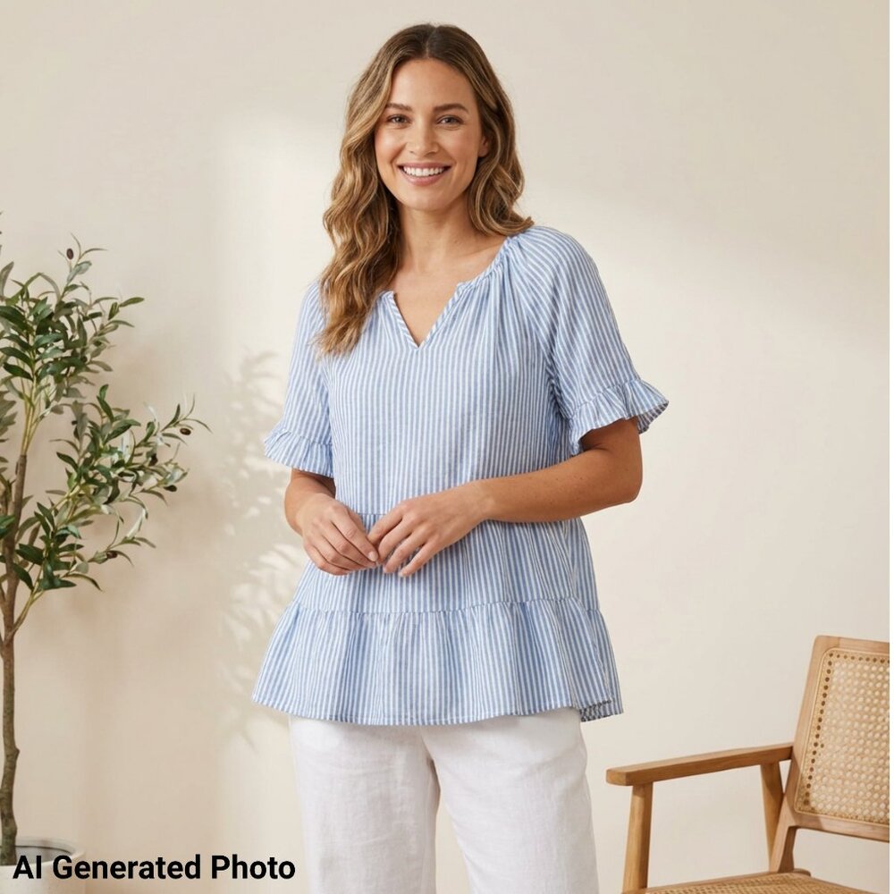 Beach Lunch Lounge Akia Blue & White Striped Ruffle Blouse Size Medium